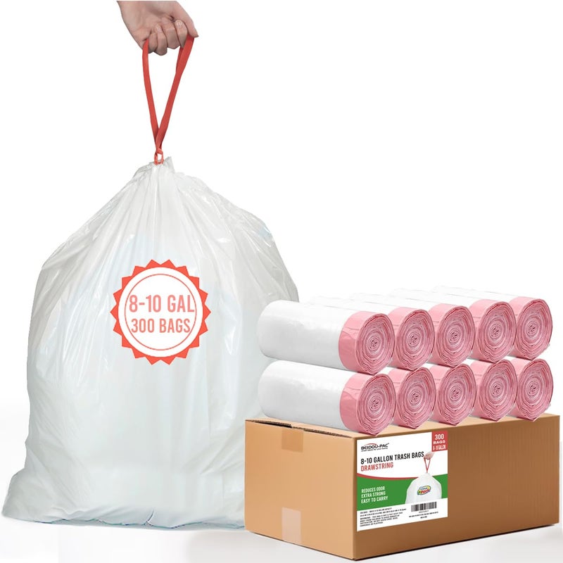 BEIDOU-PAC 8-10 Gallon Trash Bags Drawstring, 300 Count, White & Unscented Garbage Bags Multi-purpose for Business Home Bathroom Kitchen Commercial and Industrial - Image 1